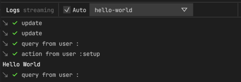 Logs pane showing the 'Hello World' output